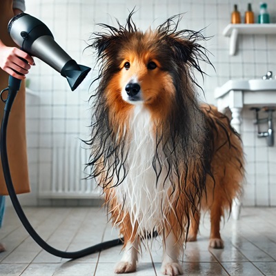 Hund mit langem Fell wird geföhnt